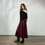Plaid-Cuff Off-Shoulder Knit Top