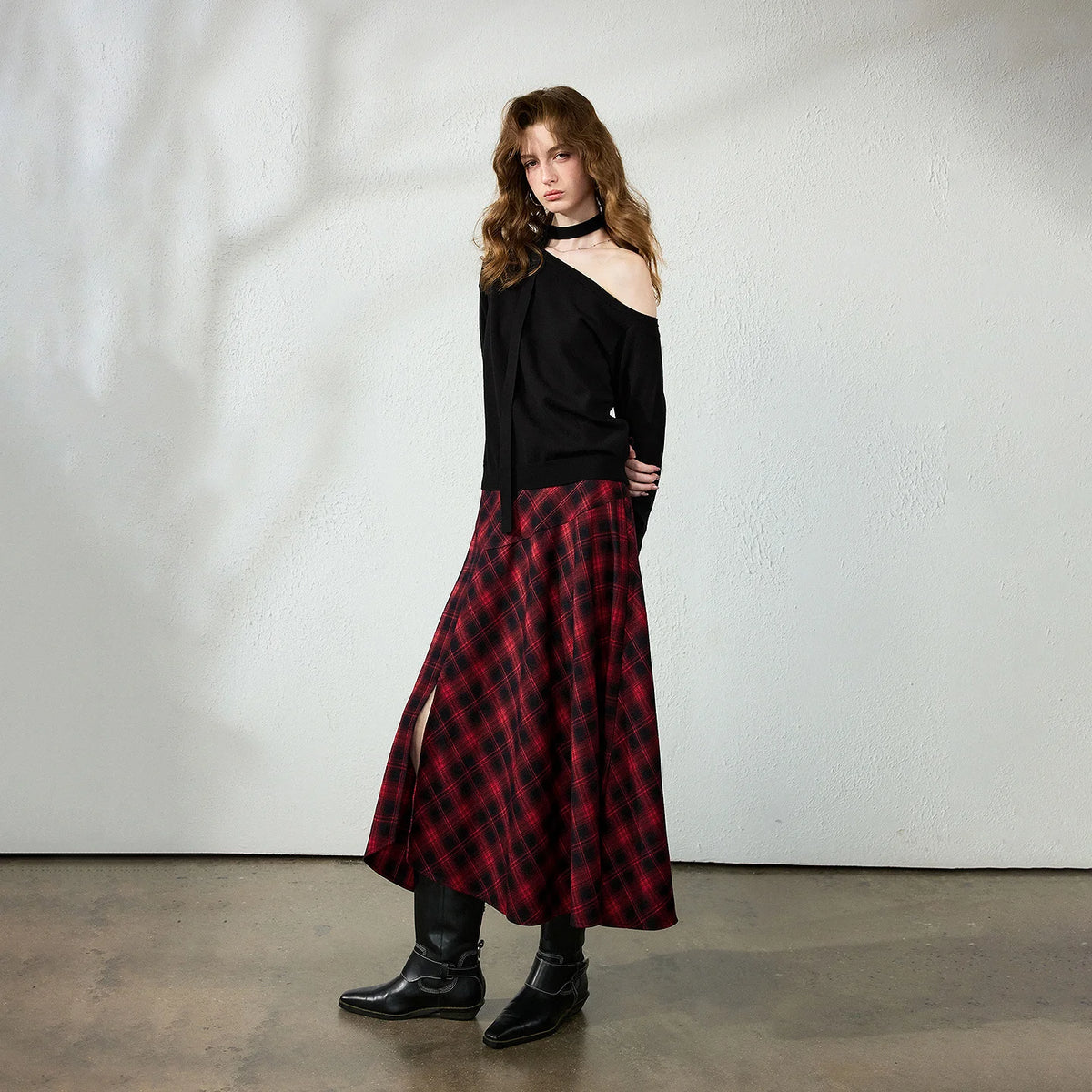 Plaid-Cuff Off-Shoulder Knit Top