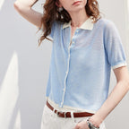 Contrast-Trim Short-Sleeve Knit Cardigan