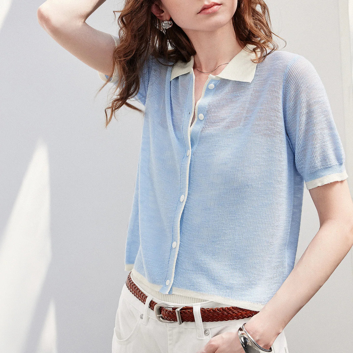 Contrast-Trim Short-Sleeve Knit Cardigan