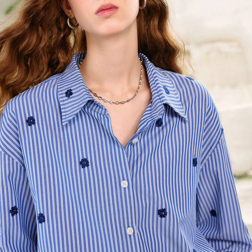 Floral-Motif Striped Button-Front Shirt