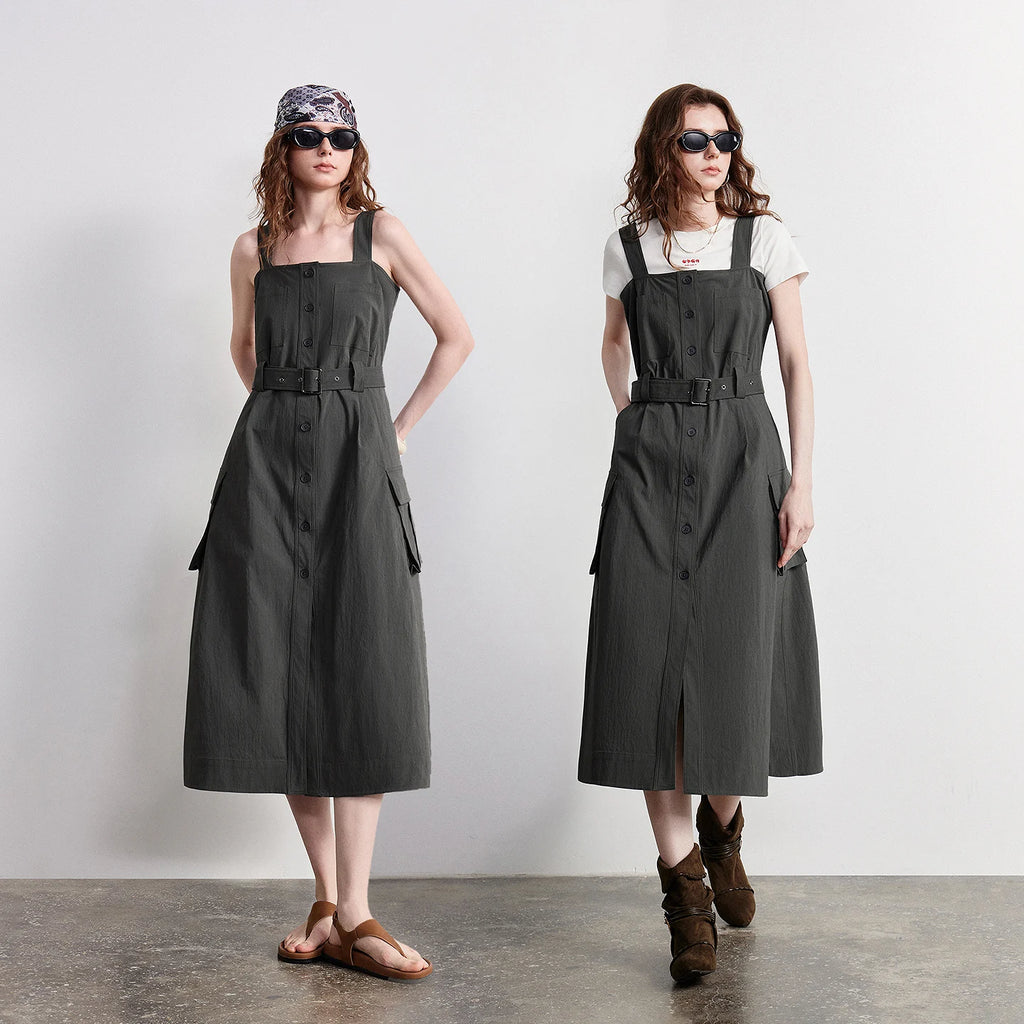 Square-Neck Belted Pinafore Dress