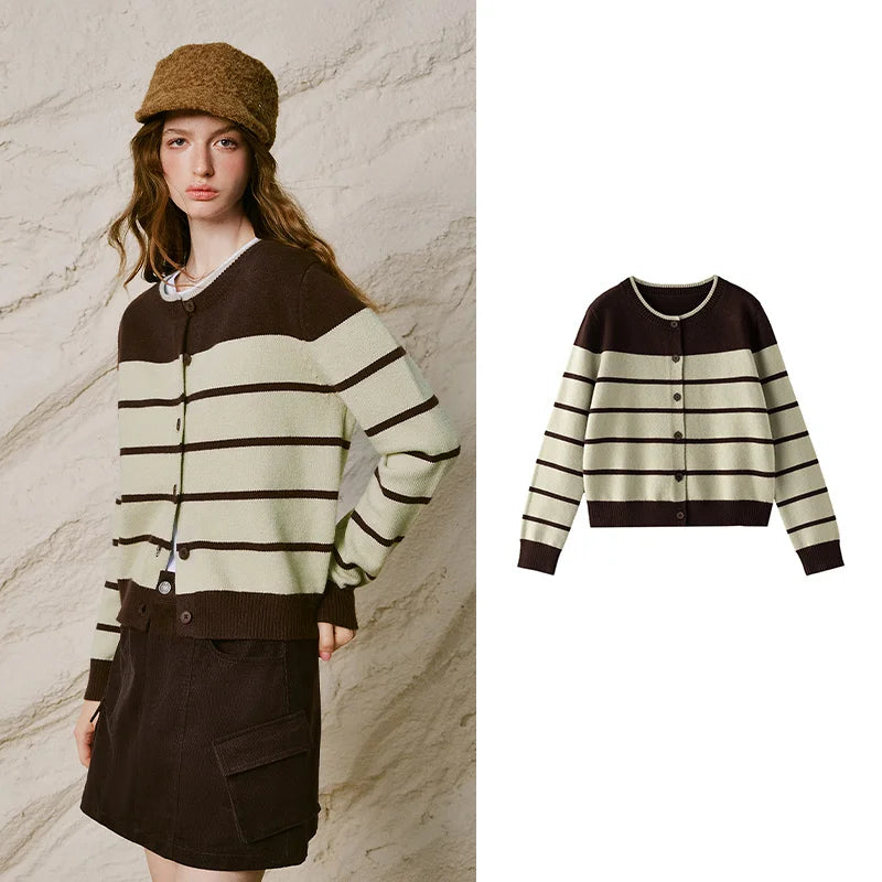 Contrast-Stripe Crewneck Cardigan
