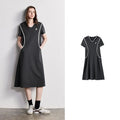 Contrast-Trim V-Neck Midi Dress