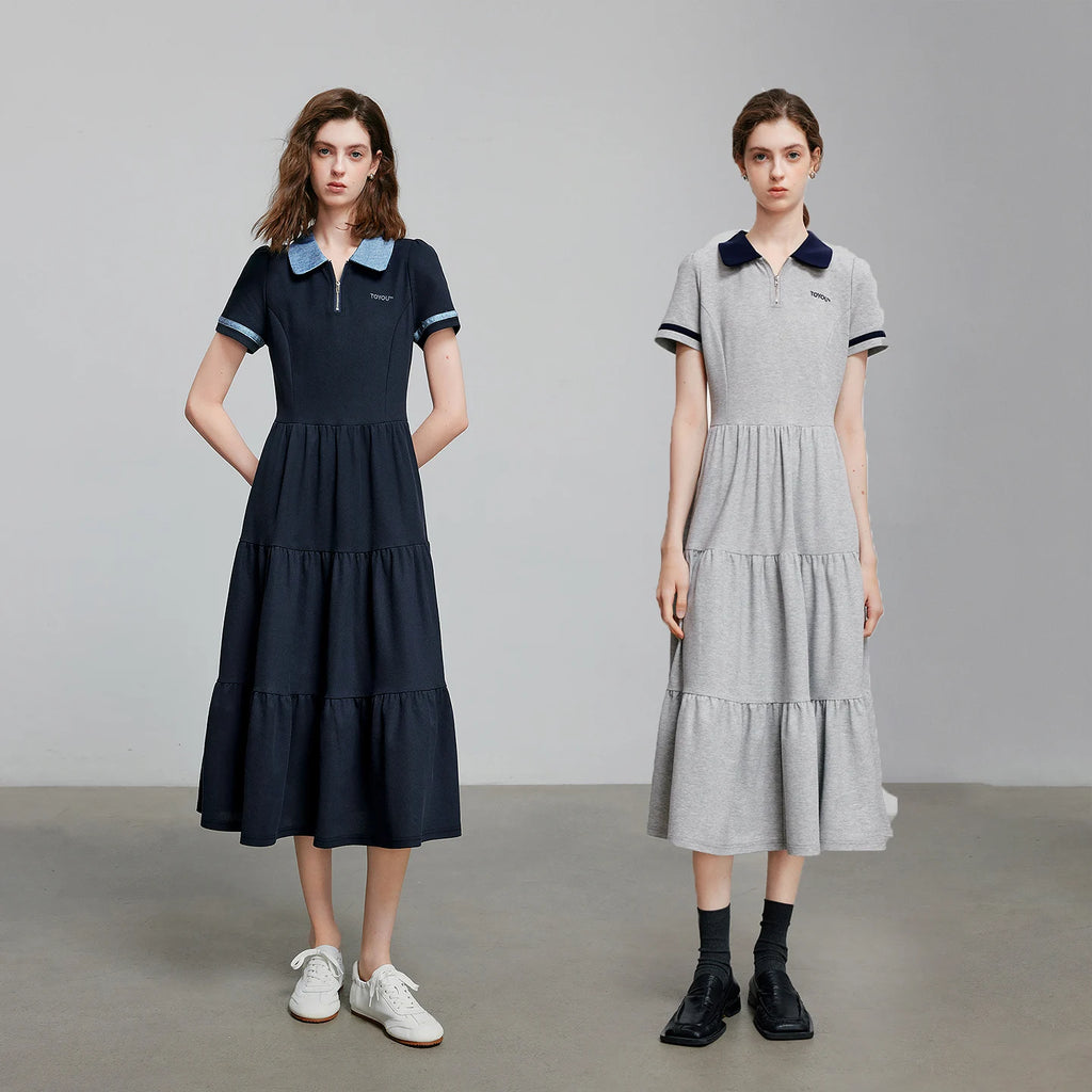 Tiered Short-Sleeve Midi Polo Dress