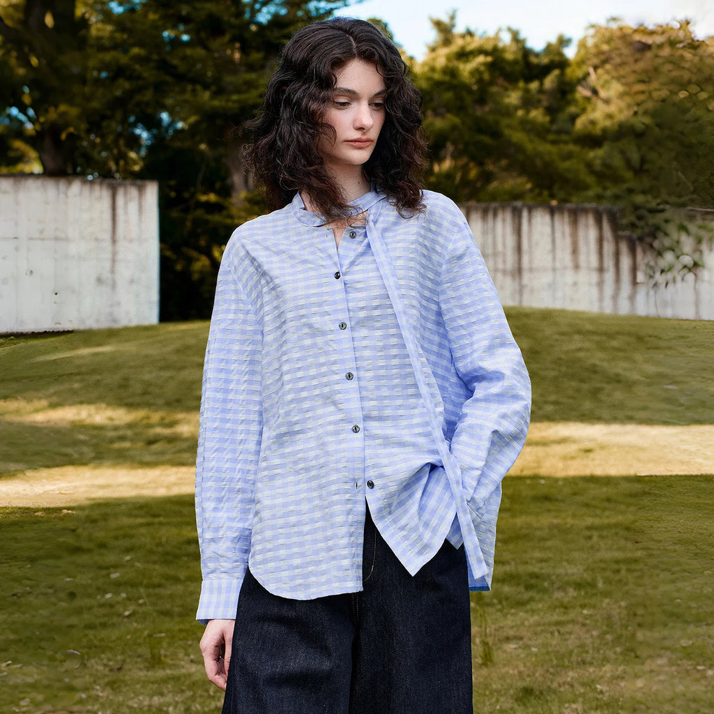Striped Tie-Neck Button-Front Blouse
