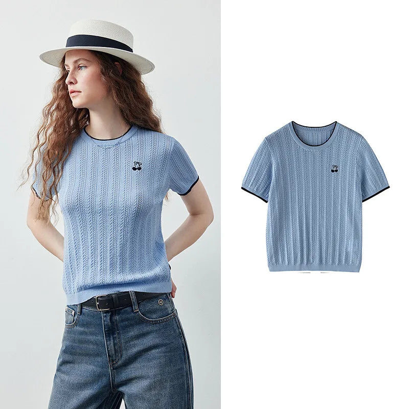 Cable-Knit Contrast-Trim Tee