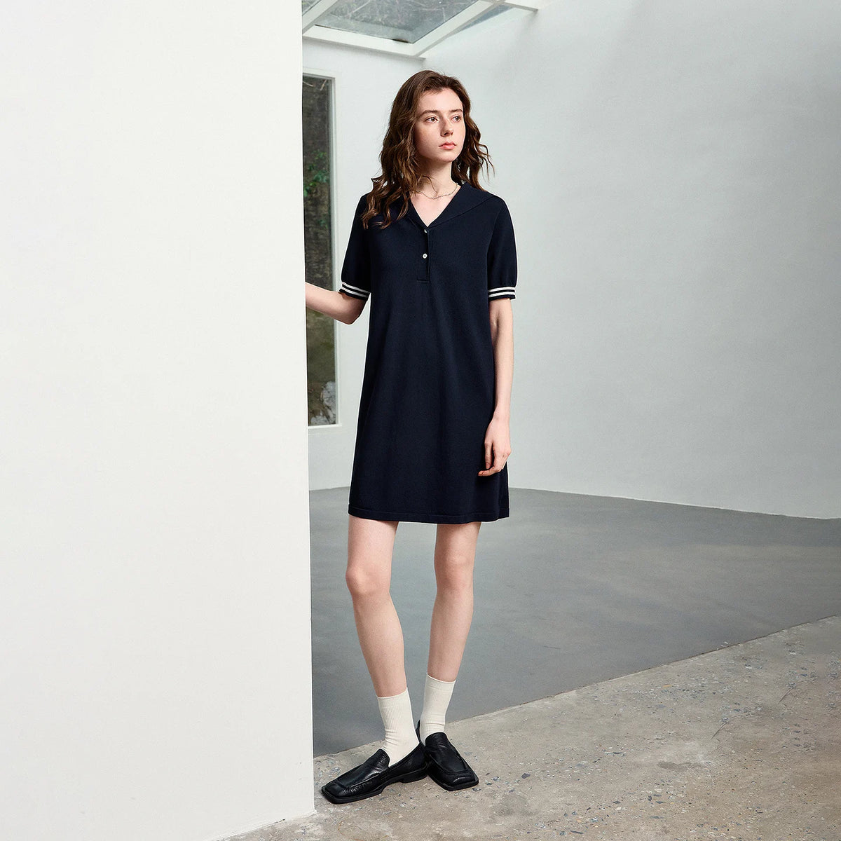 Contrast-Cuff Polo Mini Dress