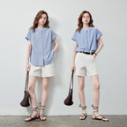 Striped Cap-Sleeve Button Shirt