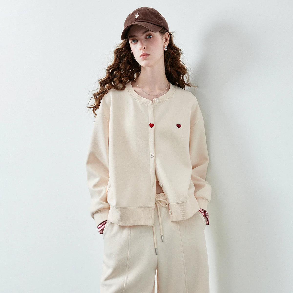 Heart-Motif Button-Front Sweatshirt