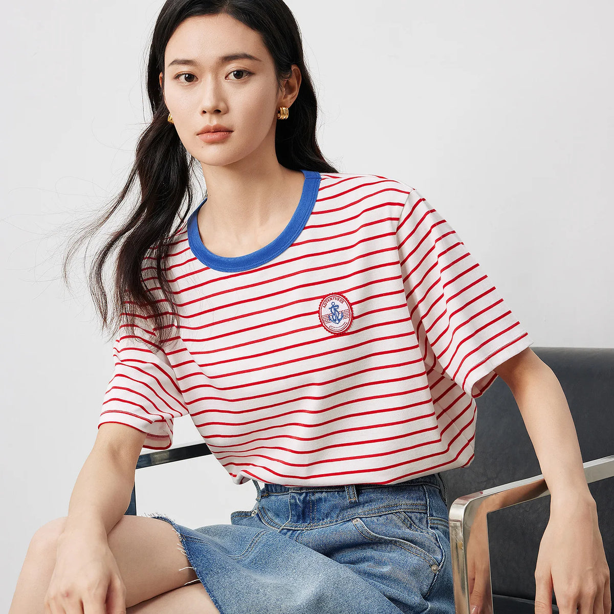 Striped Contrast-Neck Crewneck Tee