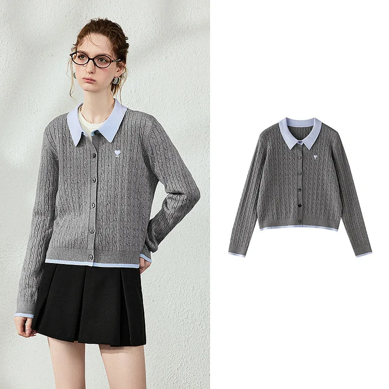 Contrast-Collar Cable Knit Cardigan