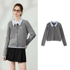Contrast-Collar Cable Knit Cardigan