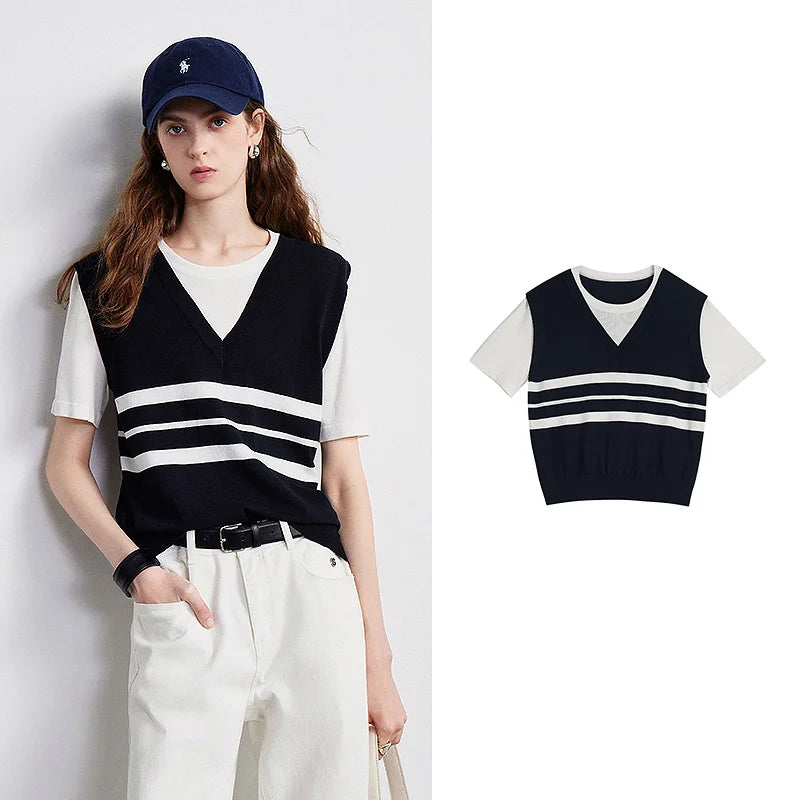 Layered-Look Striped Knit Tee