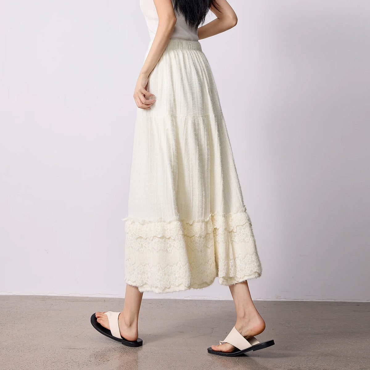 Lace-Trim A-Line Midi Skirt