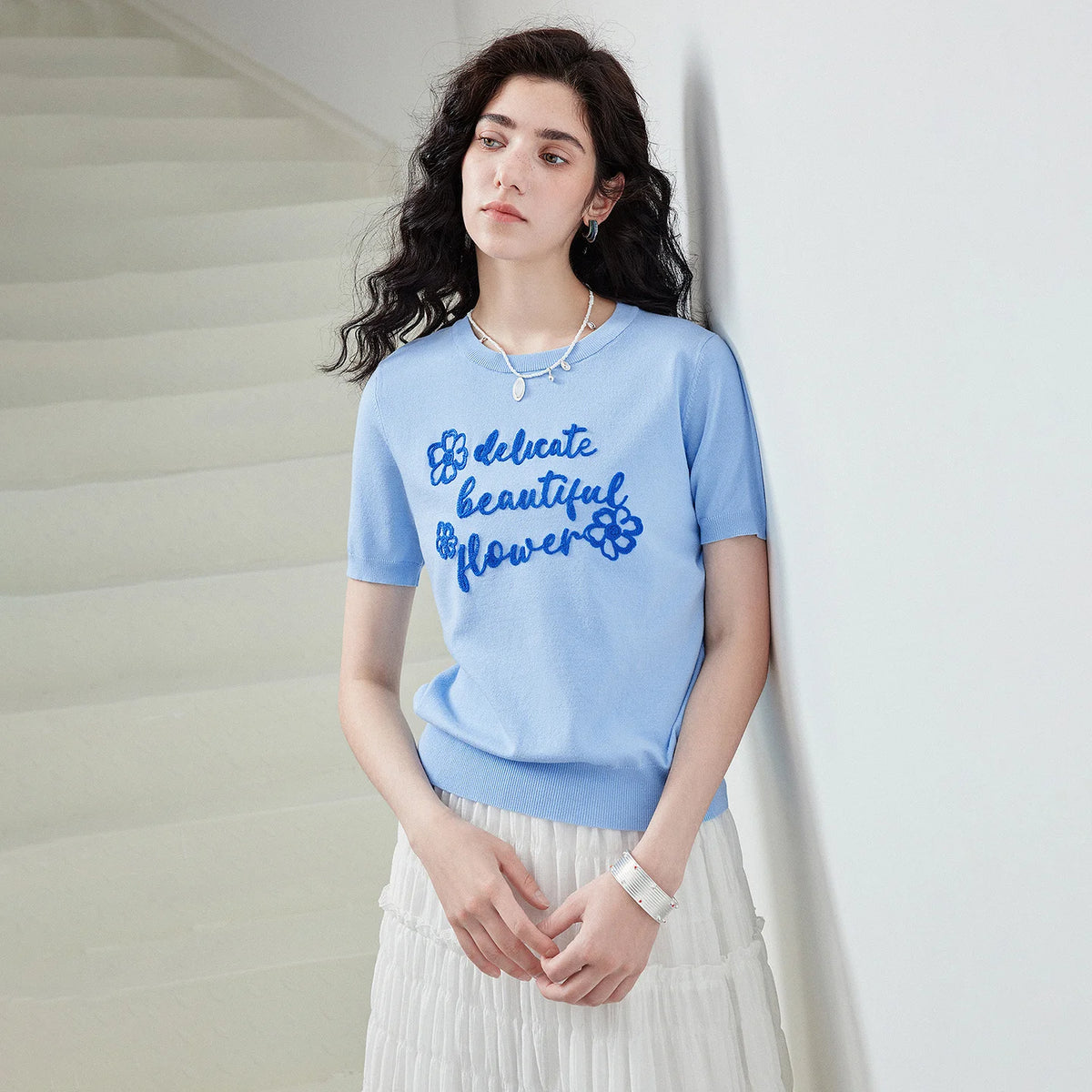 Floral Slogan Knit Top