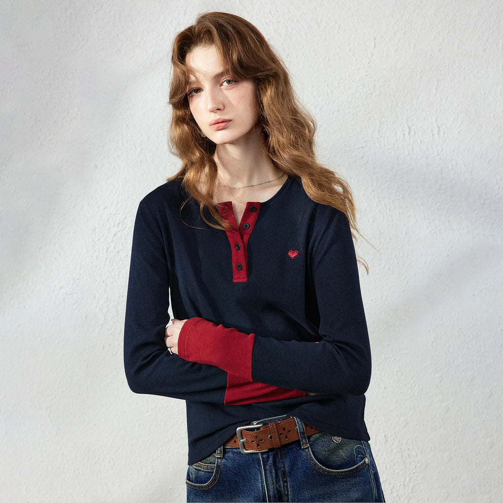Contrast-Trim Heart-Detail Henley