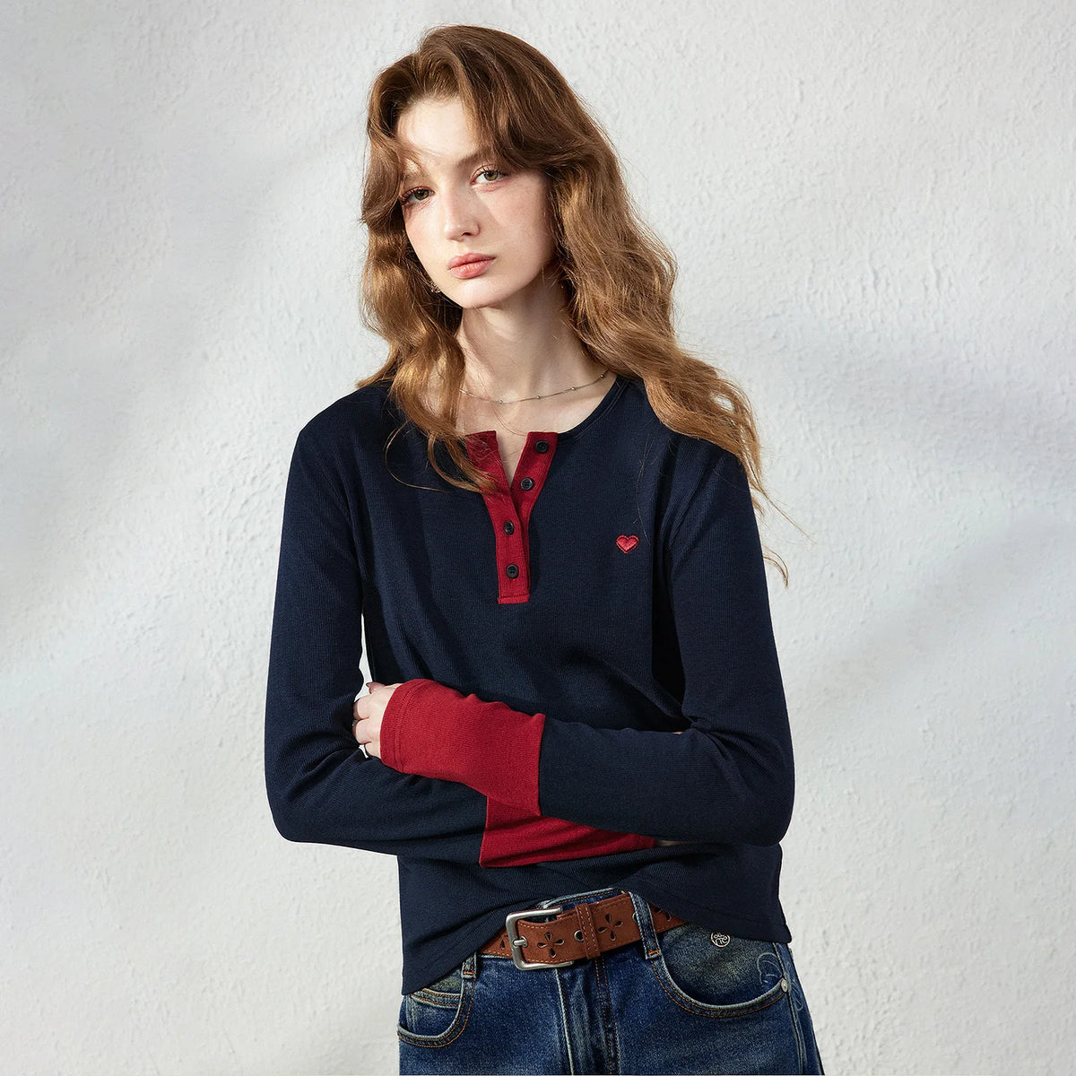 Contrast-Trim Heart-Detail Henley