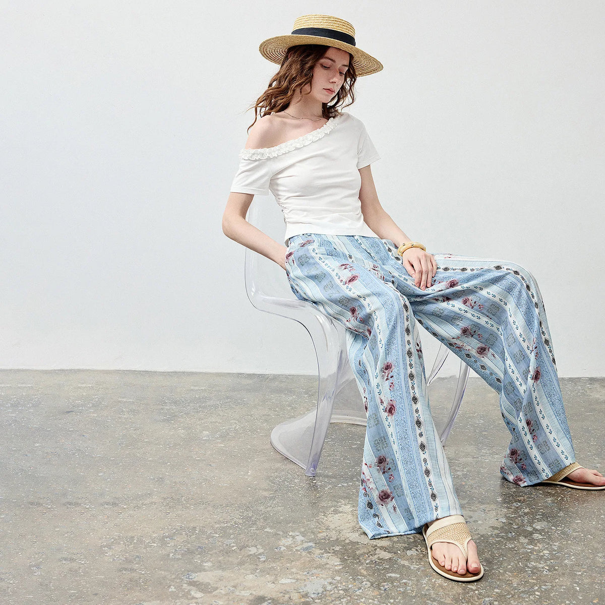 Off-Shoulder Top and Printed Pants Set