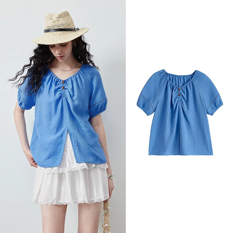 Gathered Puff-Sleeve Blouse