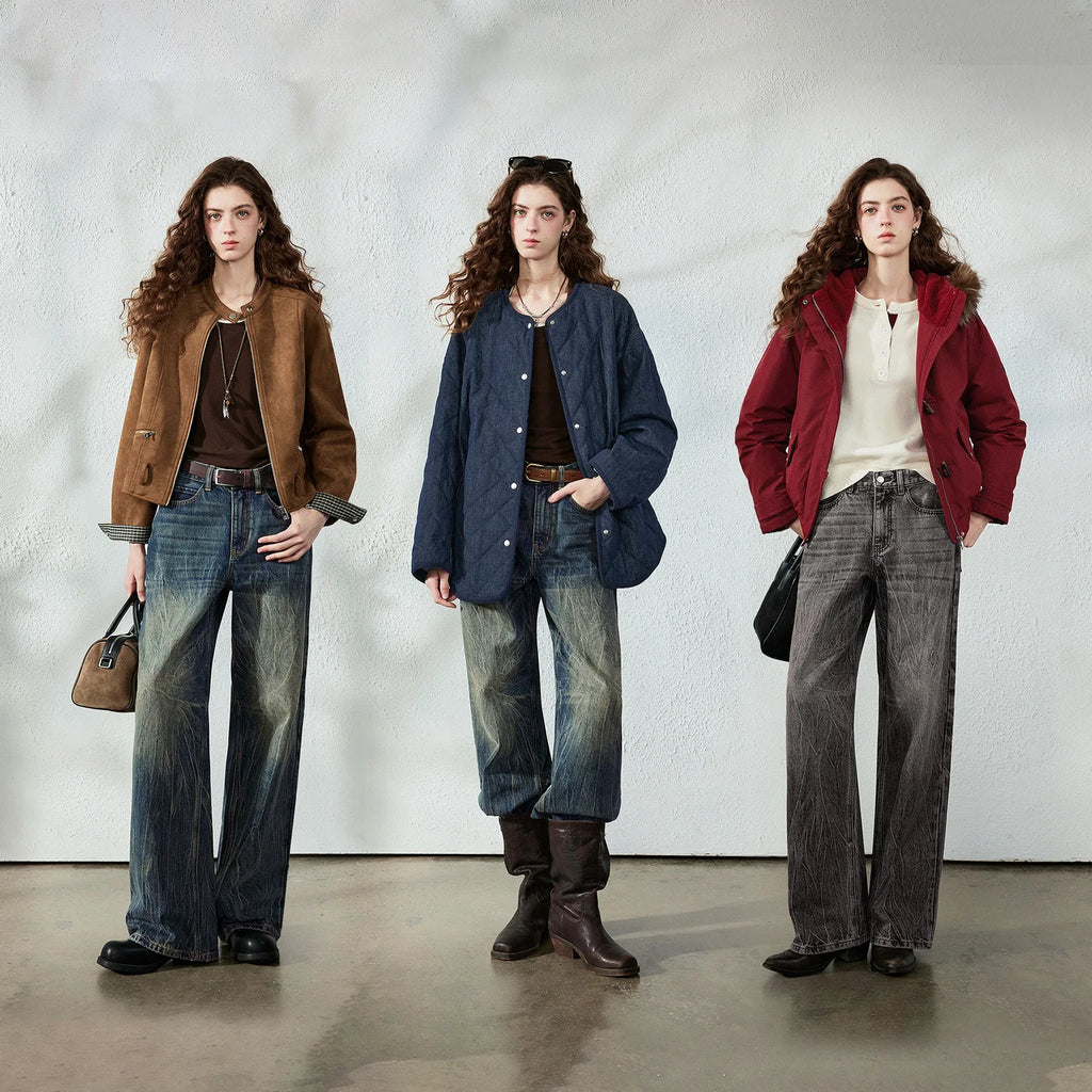 Crackled-Wash Wide-Leg Jeans