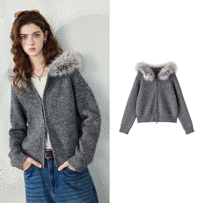 Fluffy-Trim Hooded Knit Cardigan