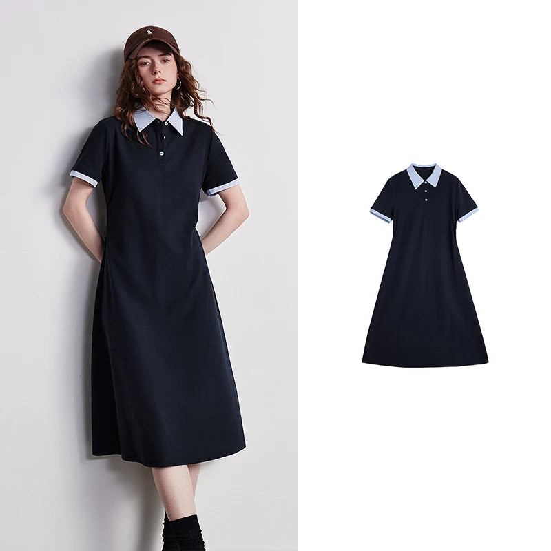 Contrast-Trim Midi Polo Dress