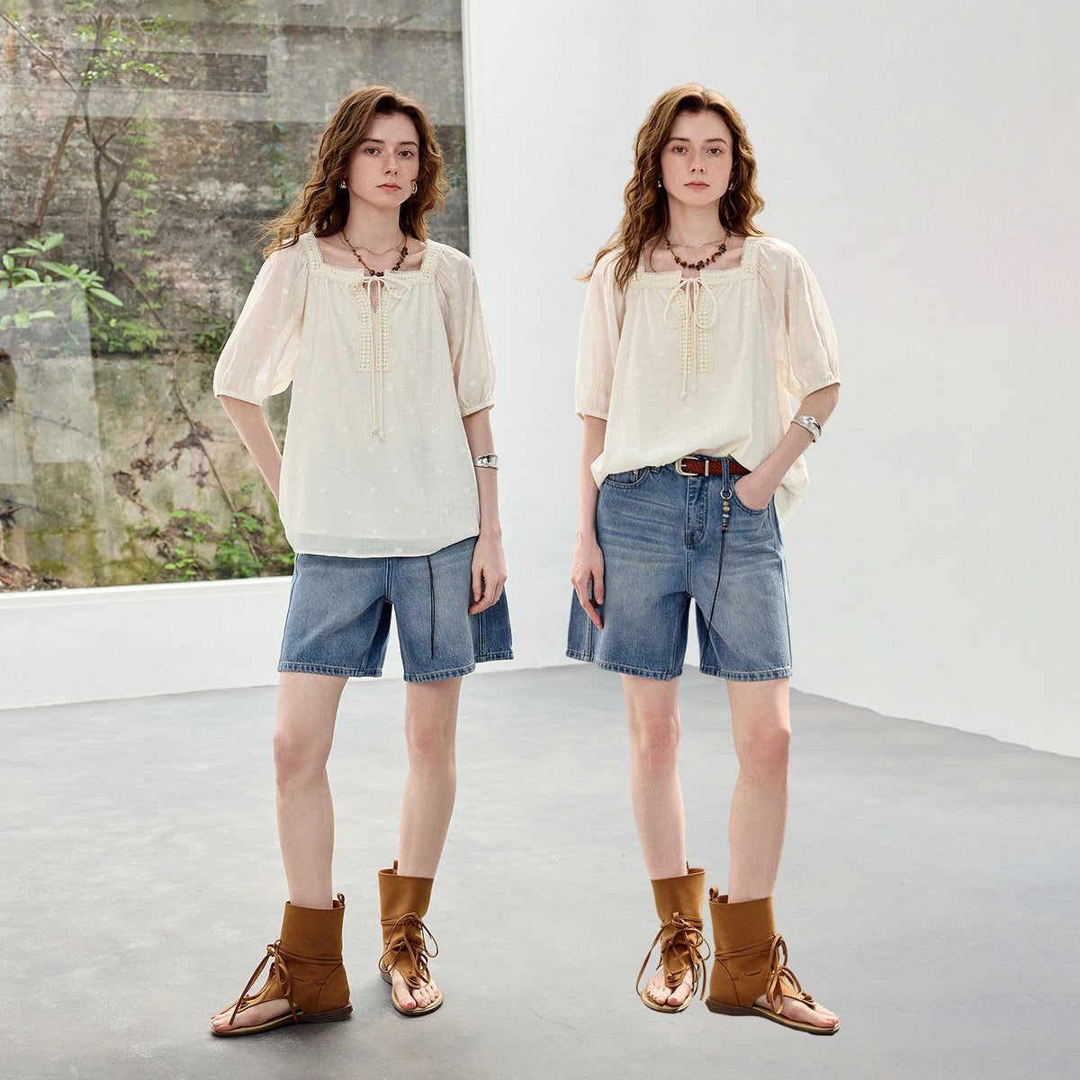 Square-Neck Puff-Sleeve Blouse