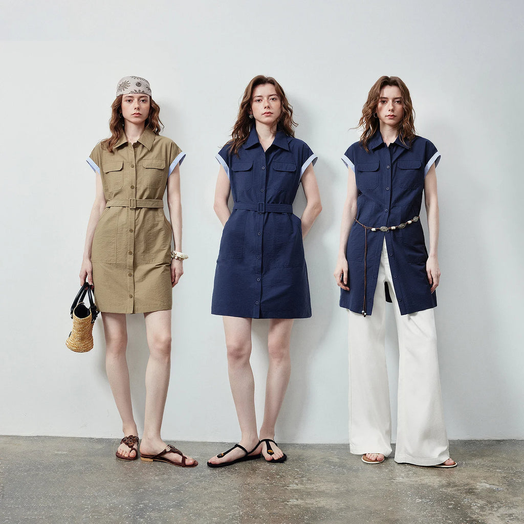 Contrast-Trim Belted Shirt Dress
