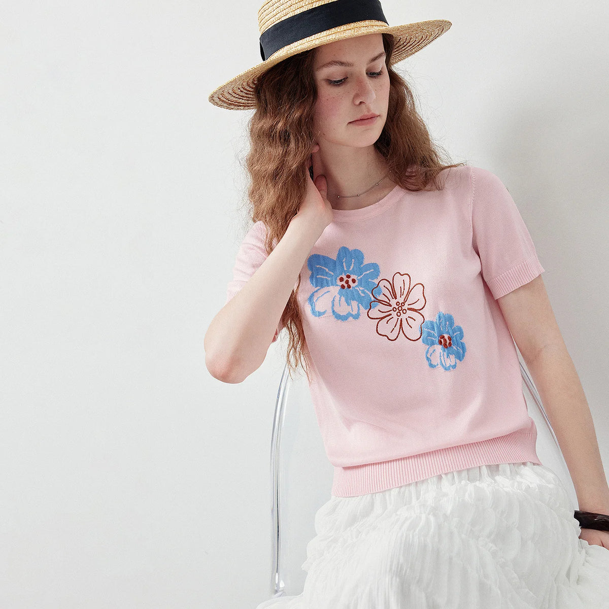 Floral-Motif Knit Tee