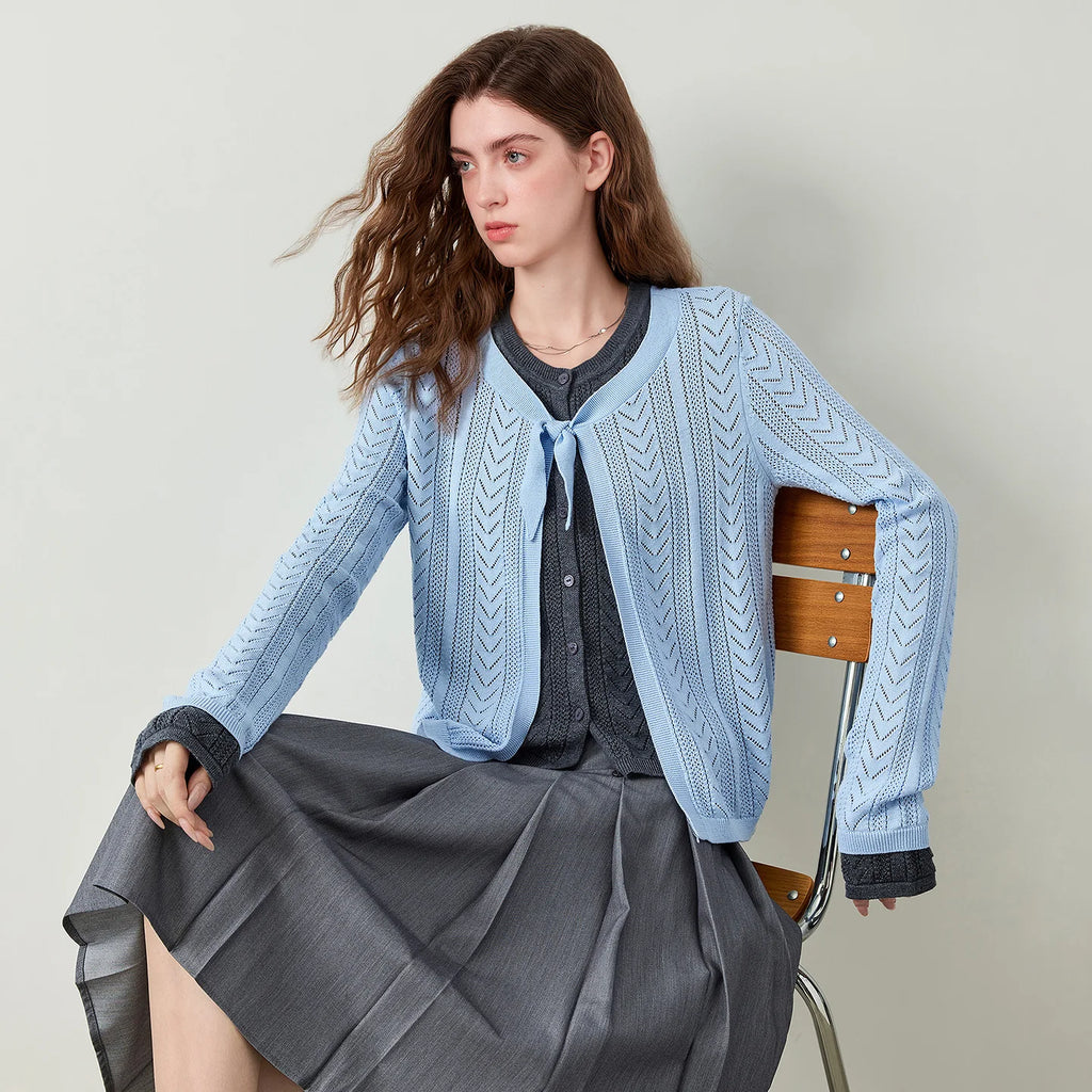 Layered-Look Tie-Front Knit Cardigan