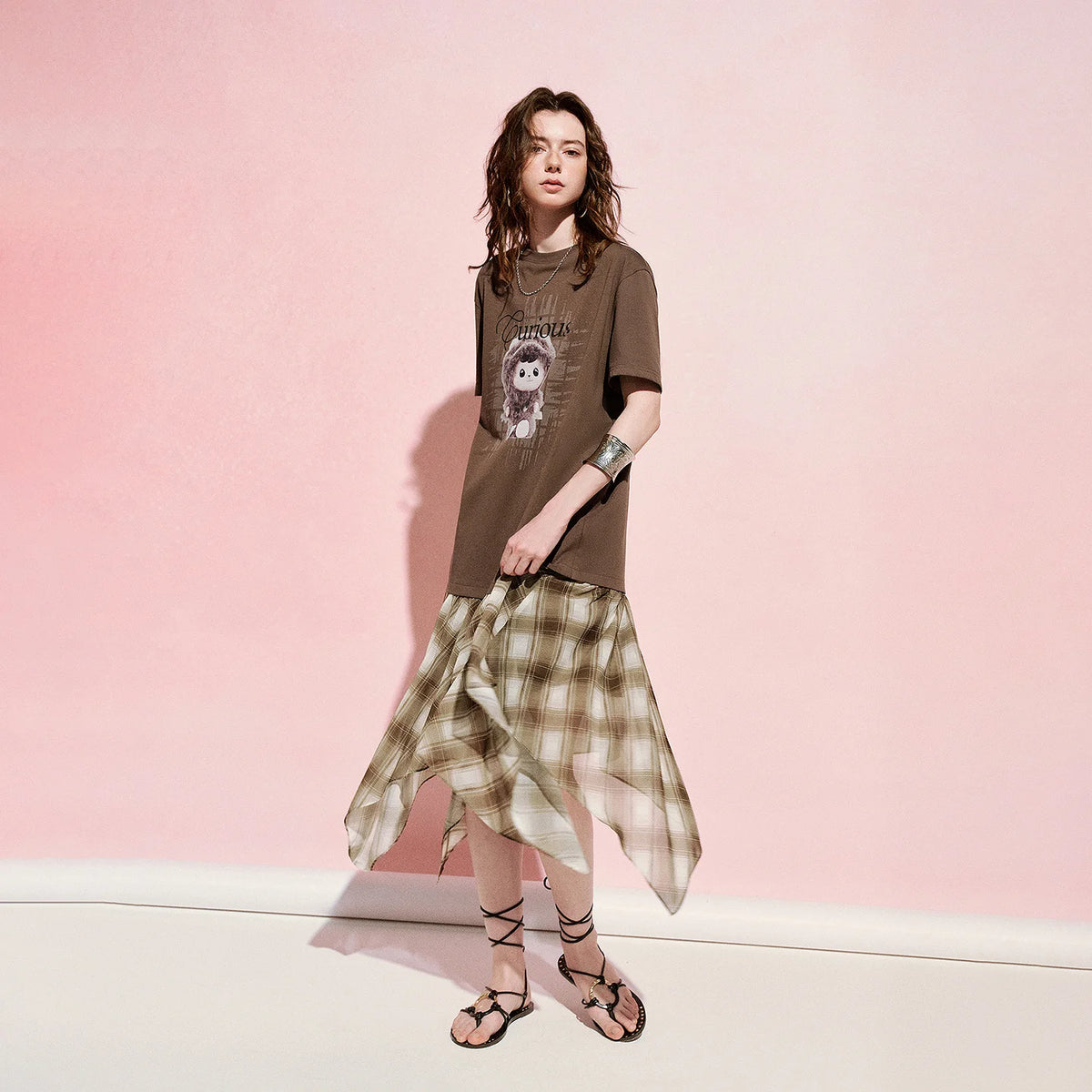Graphic Layered-Look Plaid Dress