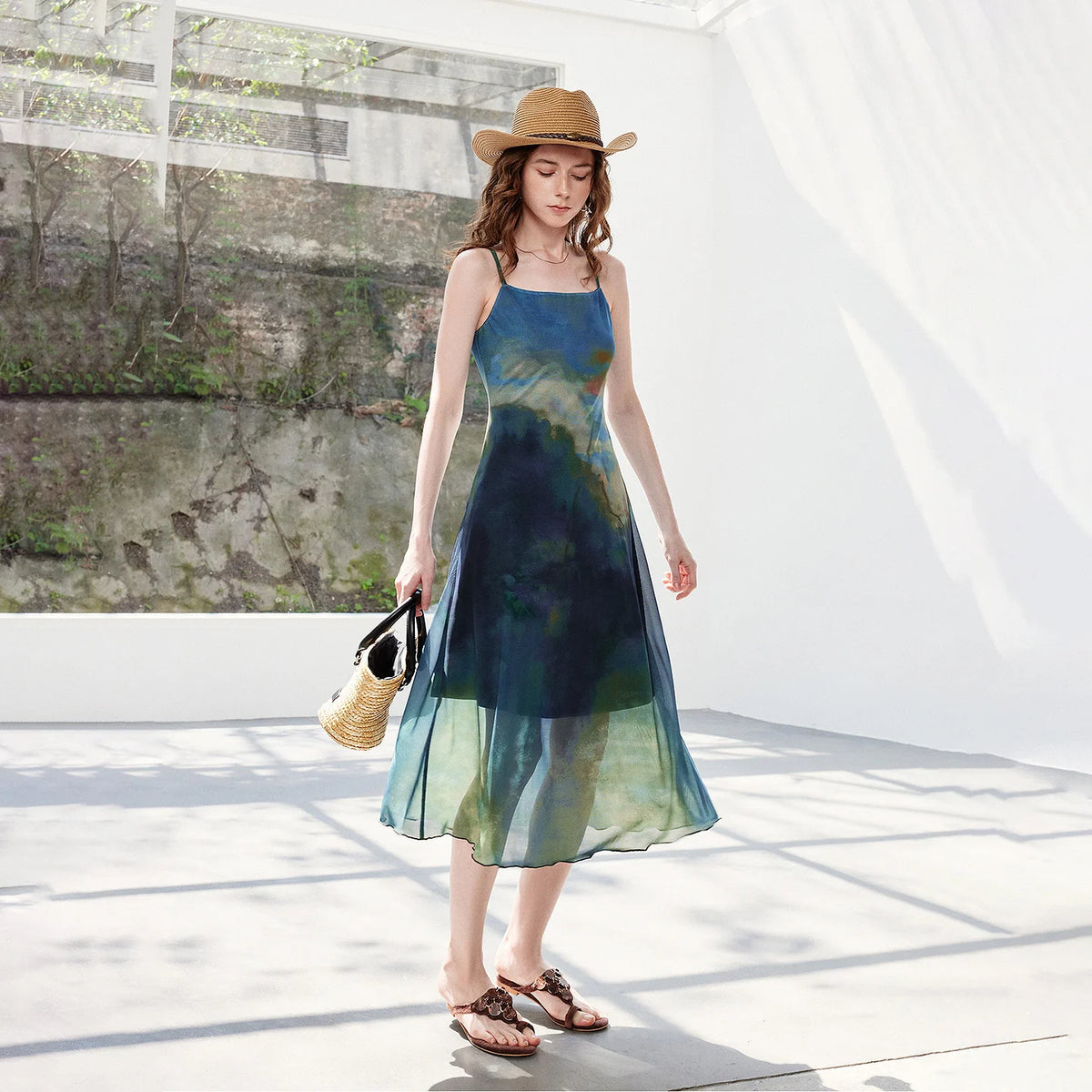 Watercolor-Print Long Slip Dress