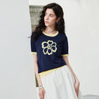 Flower-Motif Contrast-Trim Knit Tee