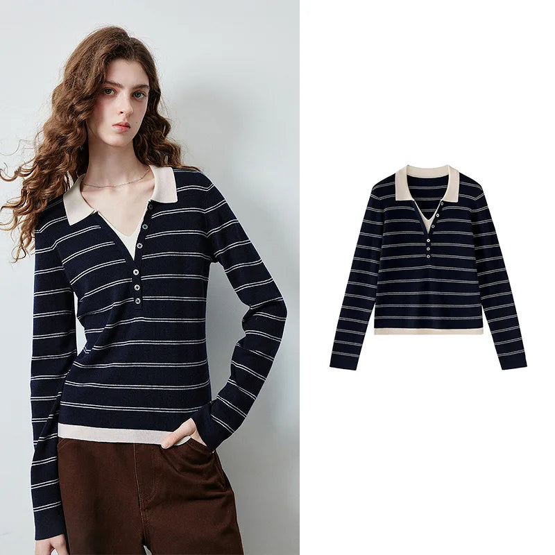 Contrast-Collar Long-Sleeve Knit Polo