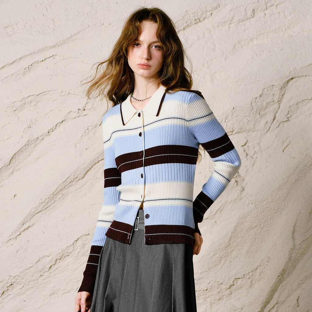 Striped Ribbed Polo Cardigan