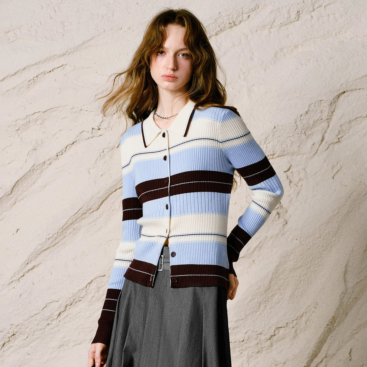 Striped Ribbed Polo Cardigan