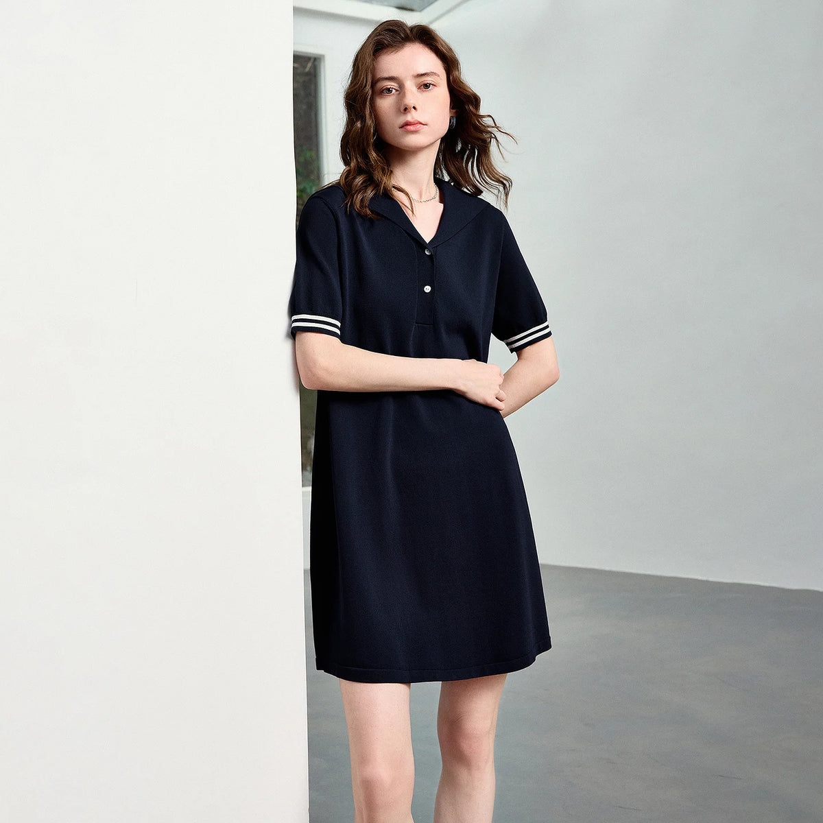 Contrast-Cuff Polo Mini Dress