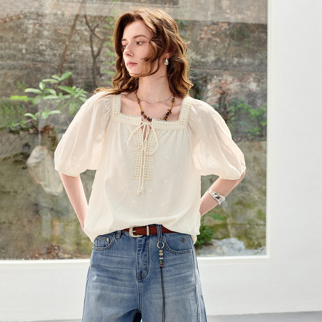Square-Neck Puff-Sleeve Blouse
