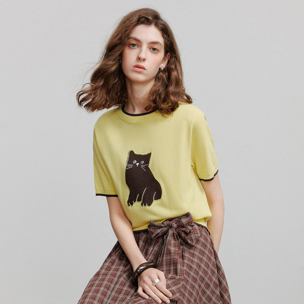 Cat-Motif Knit Tee