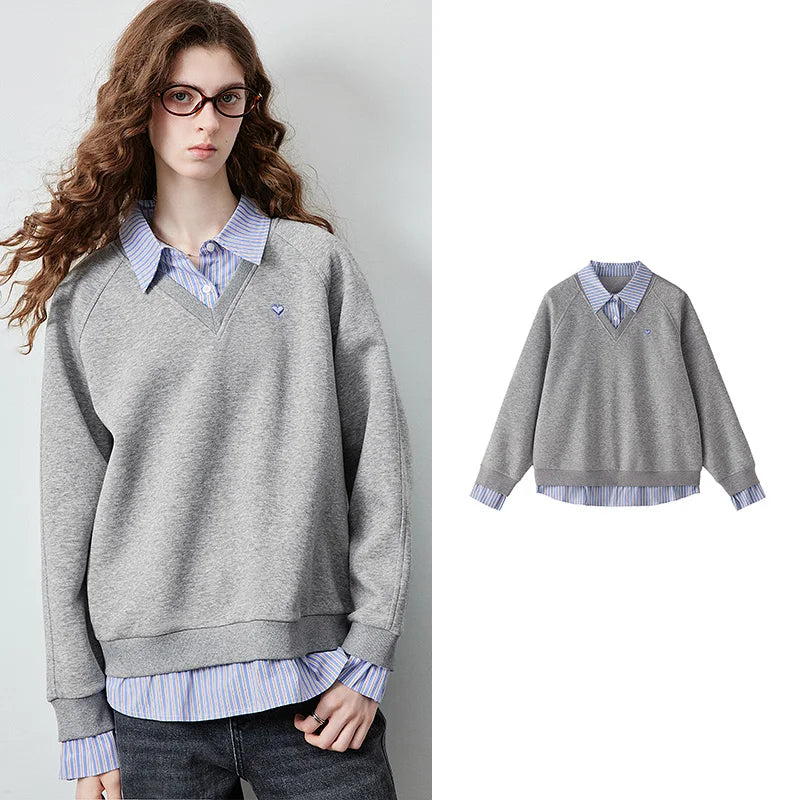 Layered-Look Striped-Collar Sweatshirt