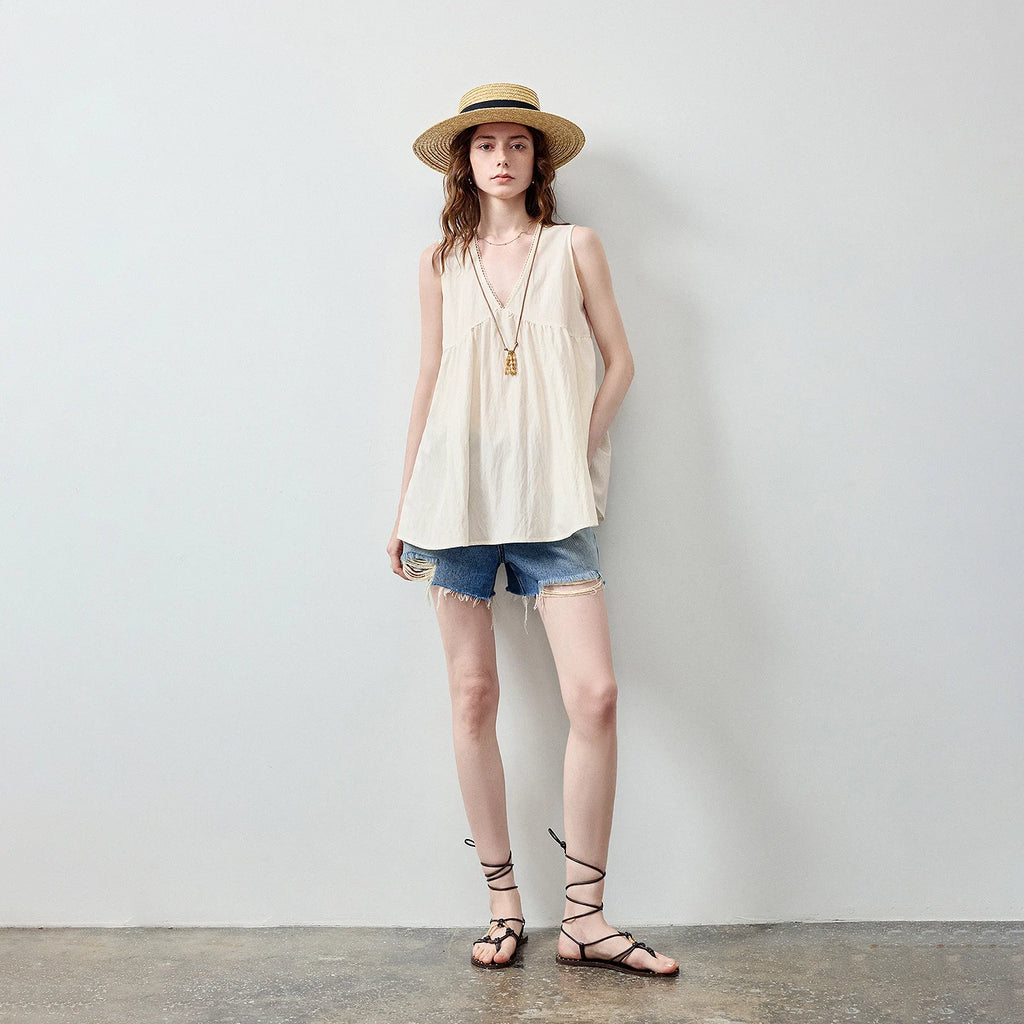 V-Neck Gathered Sleeveless Blouse