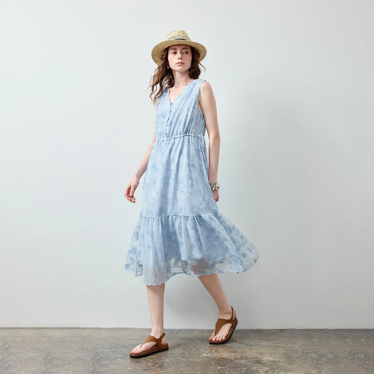 Textured V-Neck Tiered Midi Dress