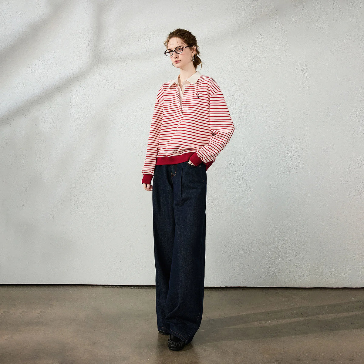 Striped Layered-Look Collared Sweatshirt
