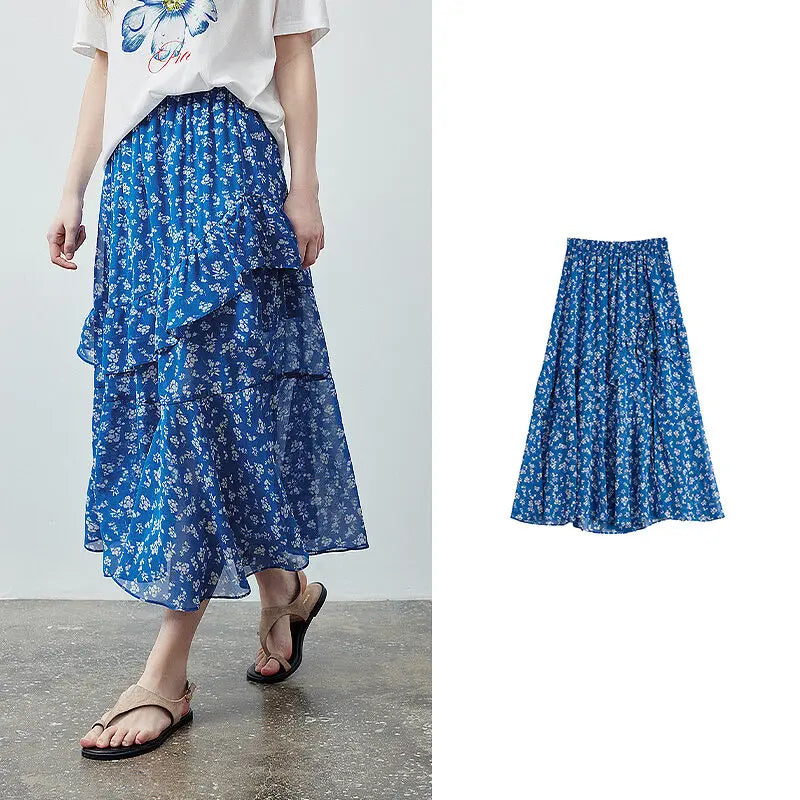 Floral Ruffle-Hem Midi Skirt