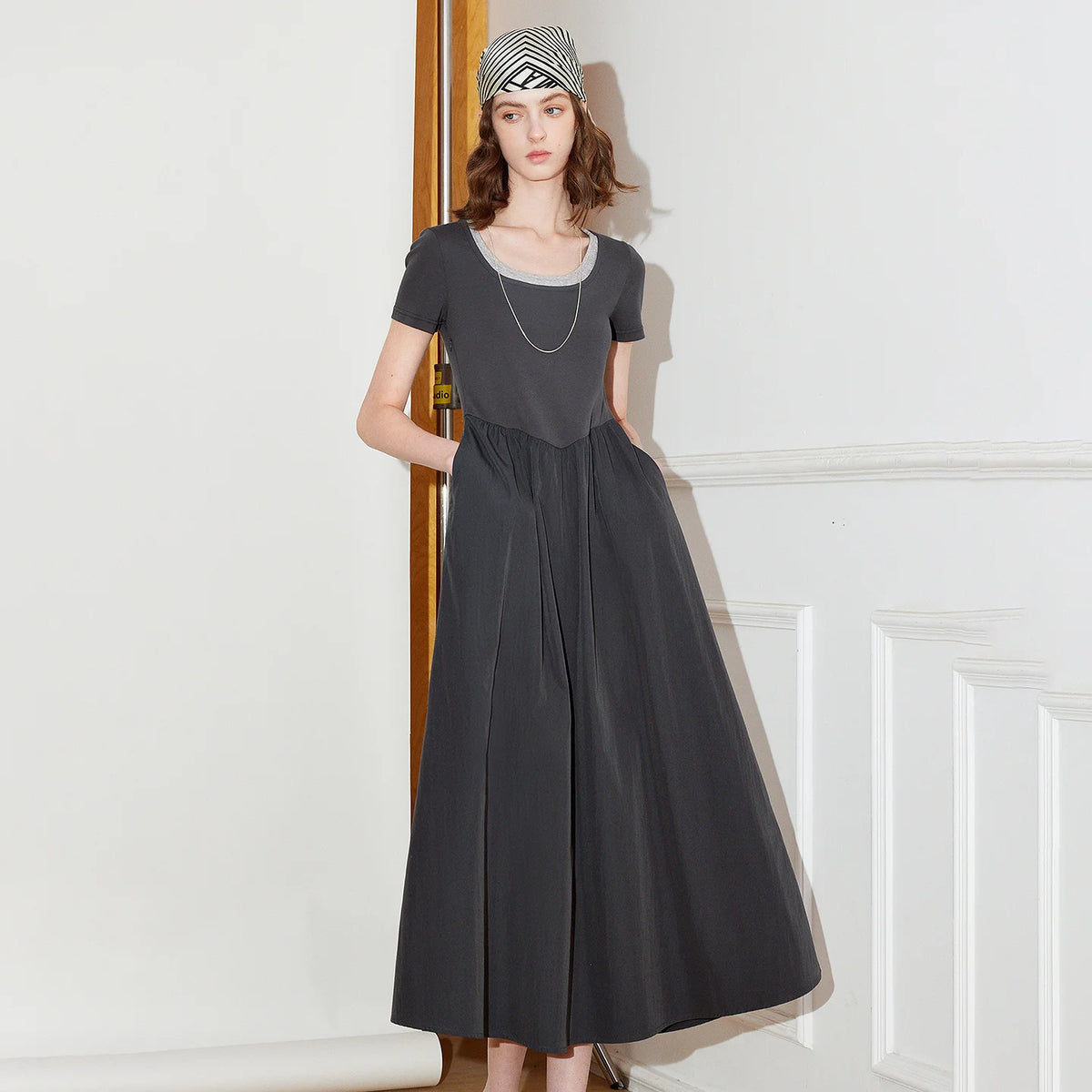 Layered-Look Short-Sleeve Midi Dress