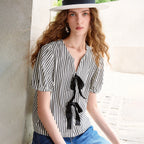 Striped Tie-Front Puff-Sleeve Blouse