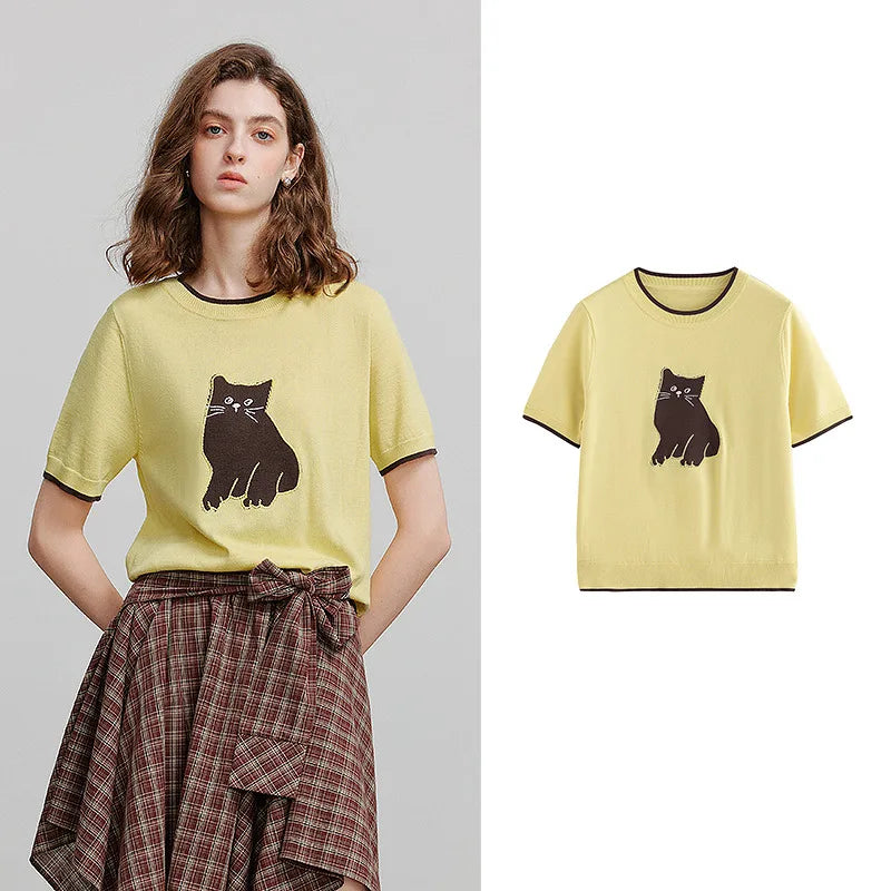 Cat-Motif Knit Tee