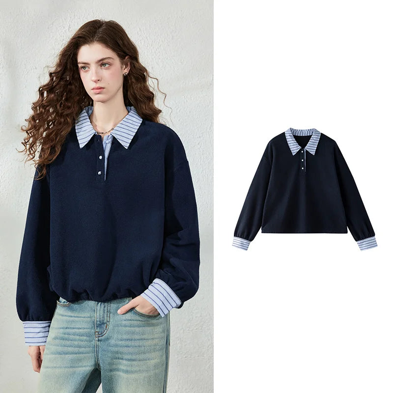 Layered-Look Striped-Collar Sweatshirt