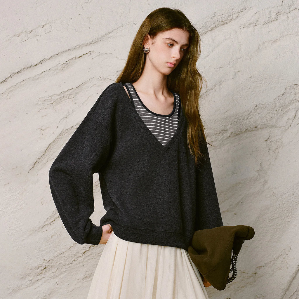 Layered-Look V-Neck Sweatshirt